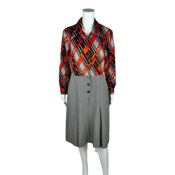 Vintage 70s Shirtdress Women's Large Secretary Striped Houndstooth 2 Piece Look - Picture 3 of 10